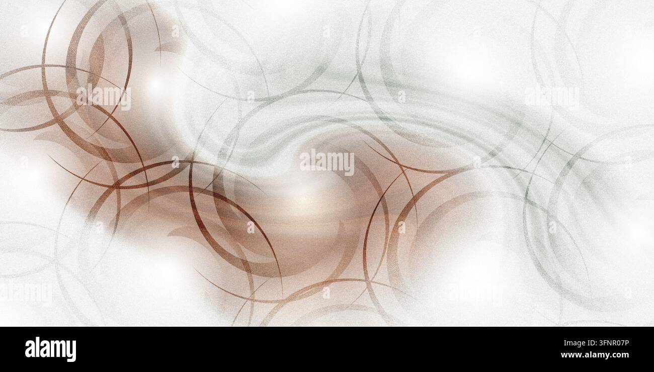 Eine abstrakte digitale Illustration mit texturierten braunen und grauen wirbelnden Kreisen auf einem sauberen weißen Hintergrund mit sanfter Beleuchtung. Stockfoto
