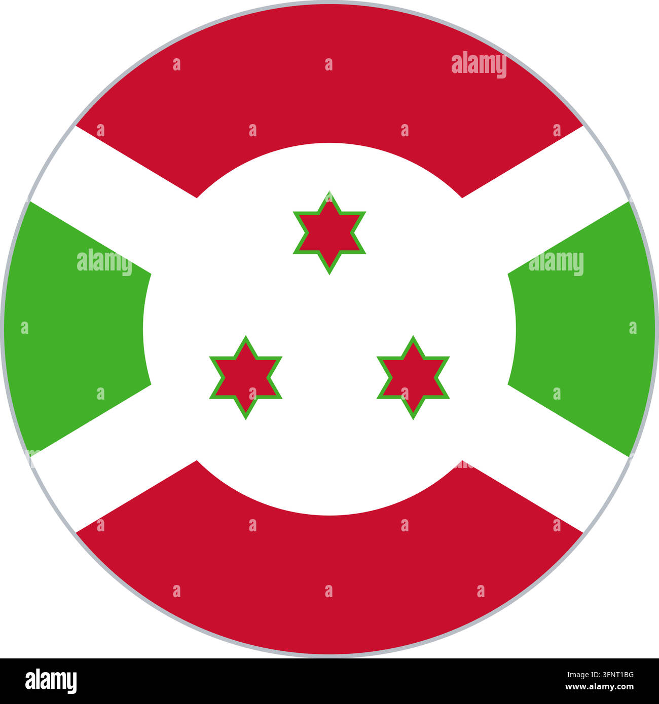 Rundes kreisförmiges Flaggen-Symbol von Burundi (Burundi) in offiziellen Farben, flacher Vektor-Button, isoliert auf weißem Hintergrund. Stock Vektor