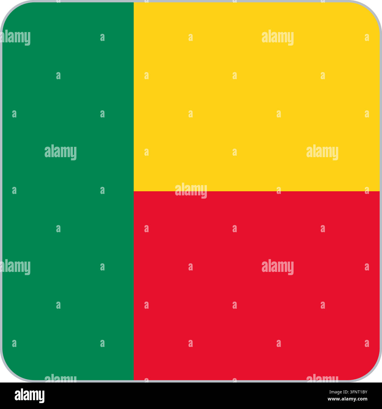 Abgerundetes quadratisches Flaggen-Icon von Benin (Benin) in offiziellen Farben, flacher Vektor-App-Button, isoliert auf weißem Hintergrund. Stock Vektor