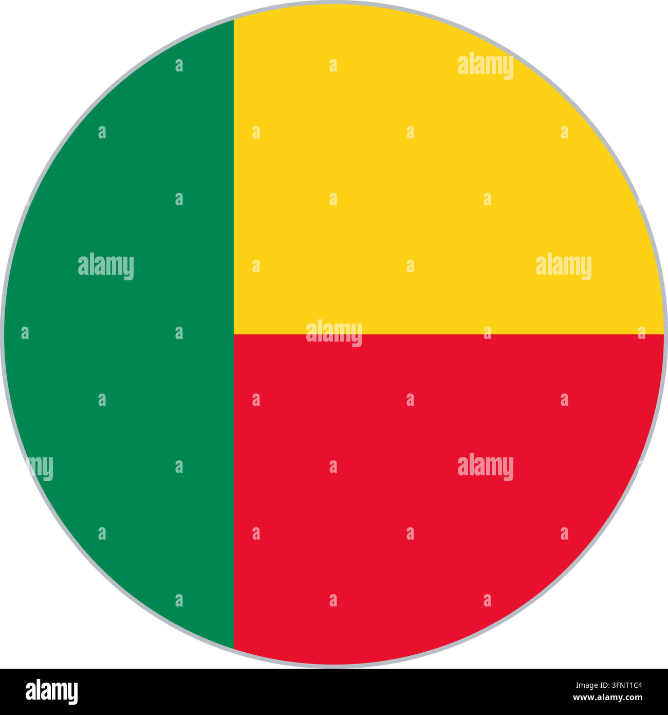 Rundes kreisförmiges Flaggen-Symbol von Benin (Benin) in offiziellen Farben, flacher Vektor-Button, isoliert auf weißem Hintergrund. Stock Vektor