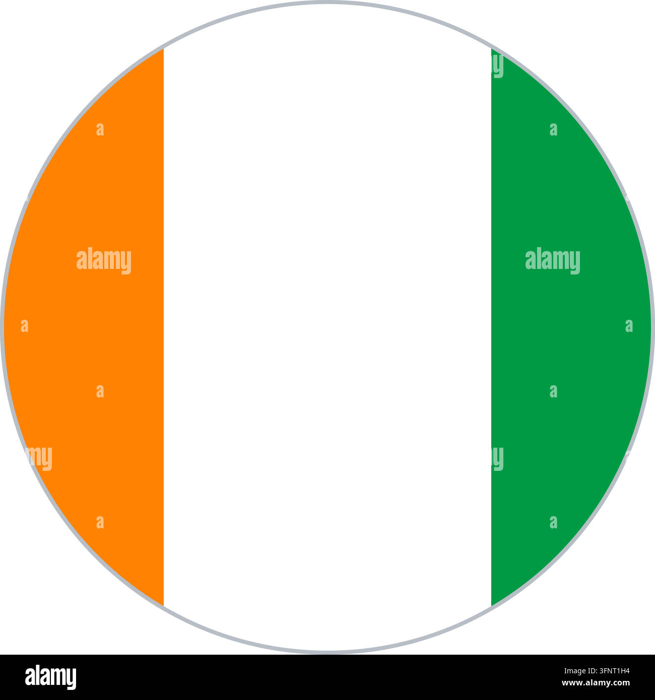 Runde kreisförmige Flaggenikone der Côte d'Ivoire (Elfenbeinküste) in offiziellen Farben, flacher Vektorknopf, isoliert auf weißem Hintergrund. Stock Vektor