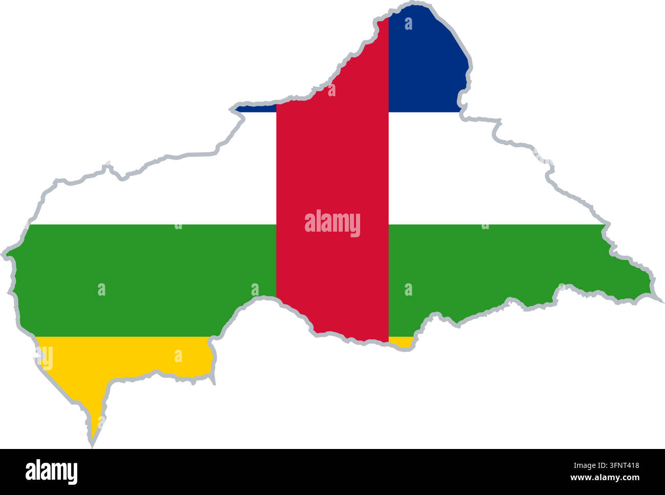 Karte der Zentralafrikanischen Republik gefüllt mit der Nationalflagge in den offiziellen Farben. Länderumriss aus der Public Domain Stock Vektor