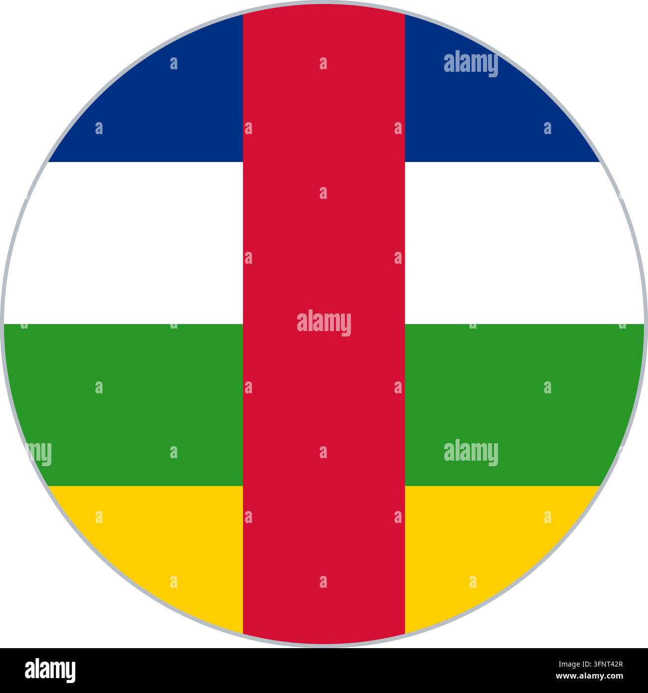Rundes kreisförmiges Flaggen-Symbol der Zentralafrikanischen Republik in den offiziellen Farben, flacher Vektor-Button, isoliert auf weißem Hintergrund Stock Vektor