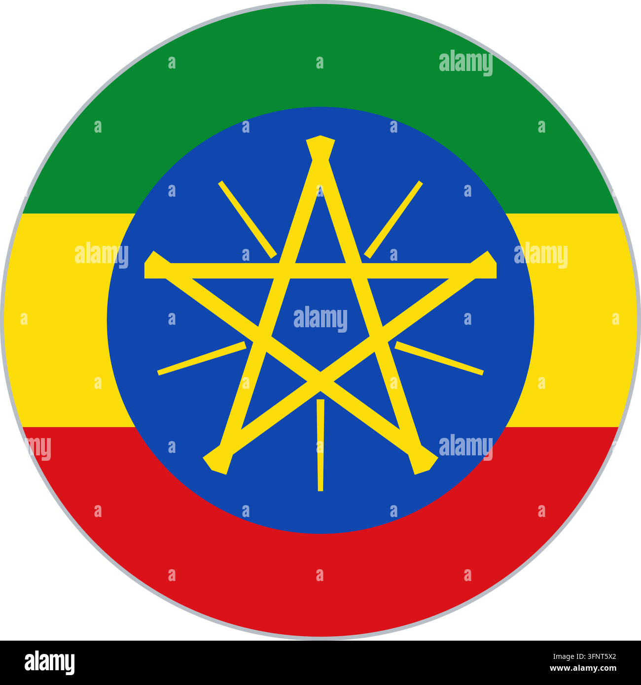 Runde kreisförmige Flaggenikone von Äthiopien (Äthiopien) in offiziellen Farben, flacher Vektor-Button, isoliert auf weißem Hintergrund. Stock Vektor