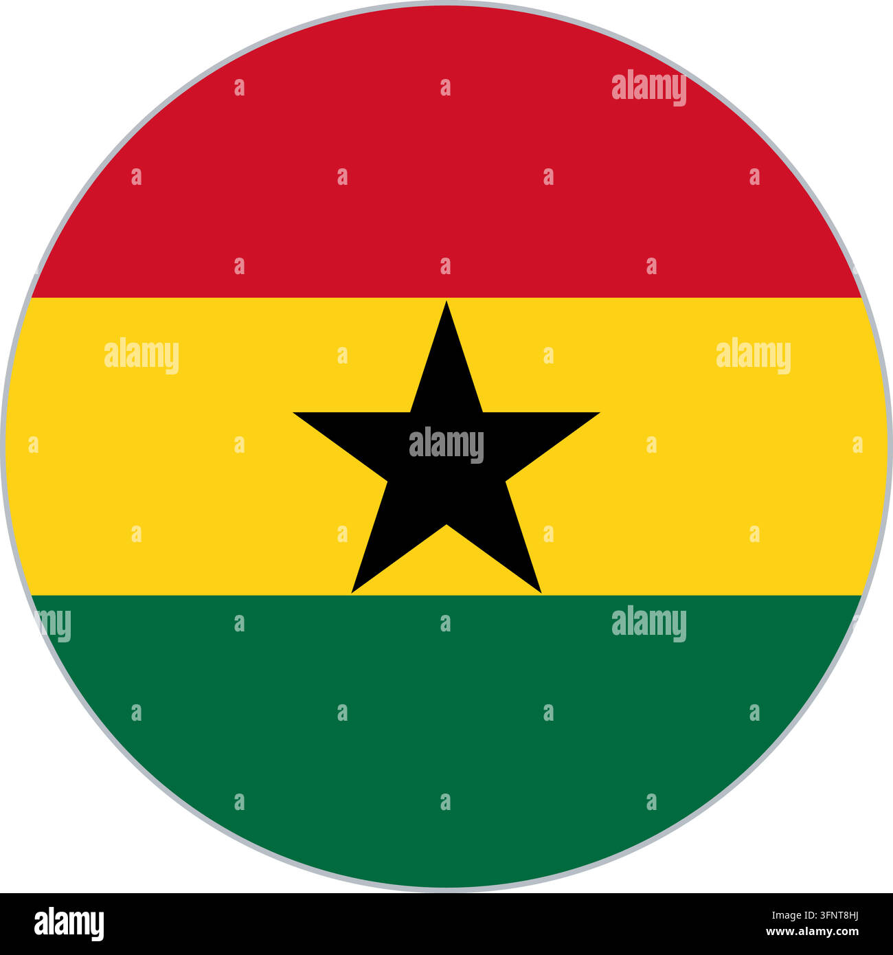 Rundes kreisförmiges Flaggen-Symbol von Ghana (Ghana) in offiziellen Farben, flacher Vektor-Button, isoliert auf weißem Hintergrund. Stock Vektor