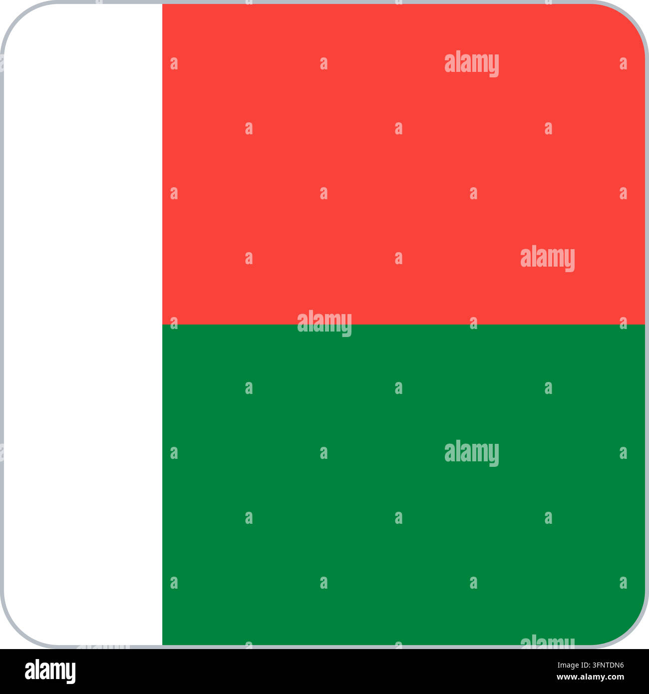 Abgerundetes quadratisches Flaggen-Icon von Madagaskar (Madagaskar) in offiziellen Farben, flacher Vektor-App-Button, isoliert auf weißem Hintergrund. Stock Vektor