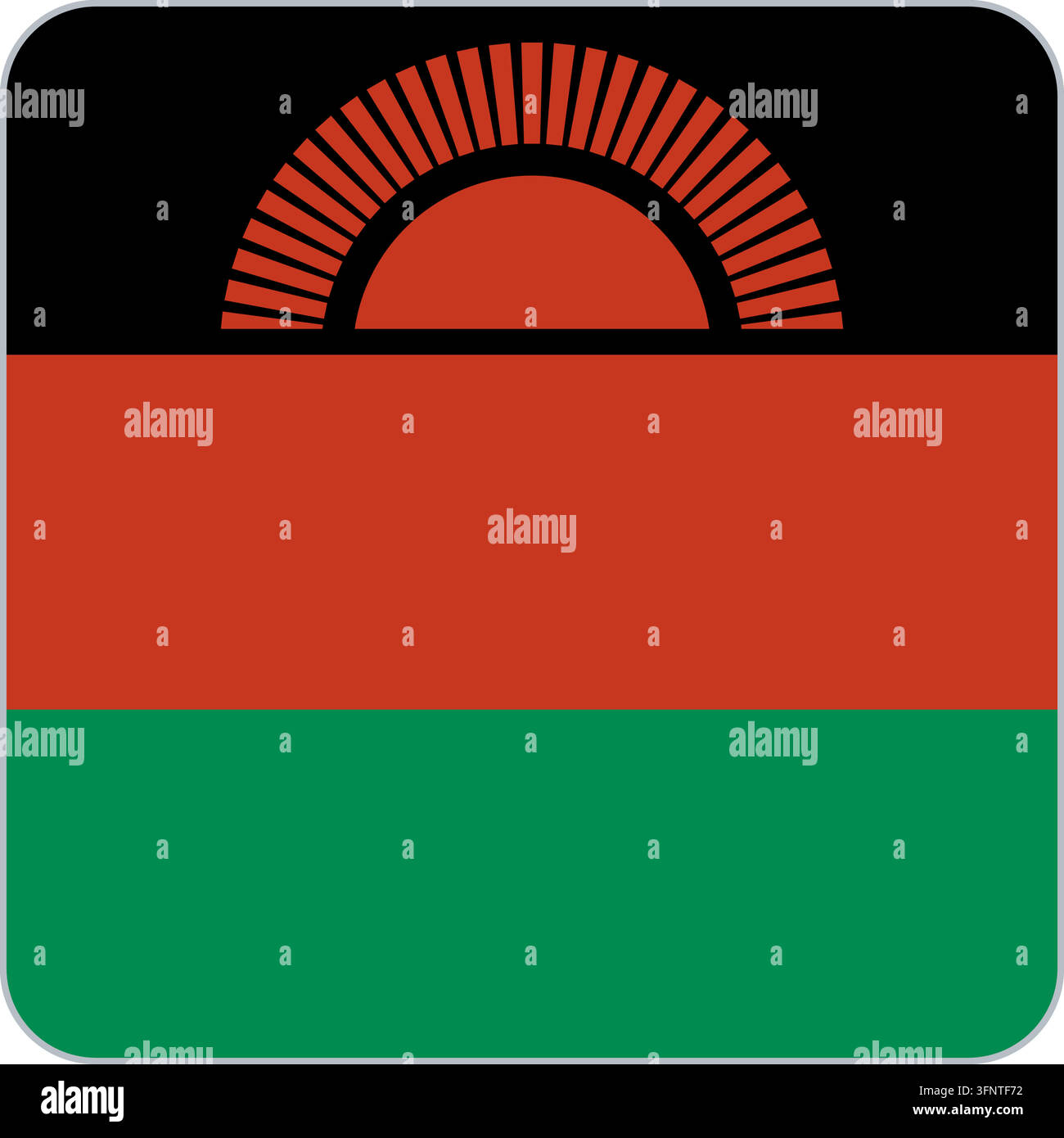 Abgerundetes quadratisches Flaggensymbol von Malawi (Malawi) in den offiziellen Farben, flacher Vektor-App-Button, isoliert auf weißem Hintergrund. Stock Vektor