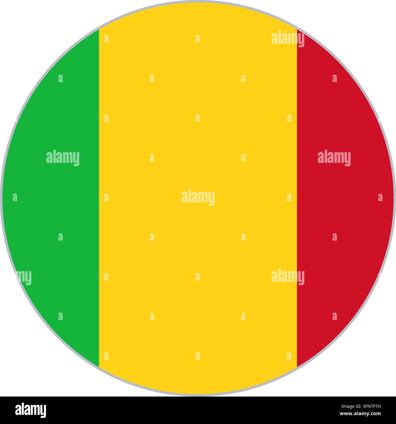 Rundes kreisförmiges Flaggen-Symbol von Mali (Mali) in offiziellen Farben, flacher Vektor-Button, isoliert auf weißem Hintergrund. Stock Vektor