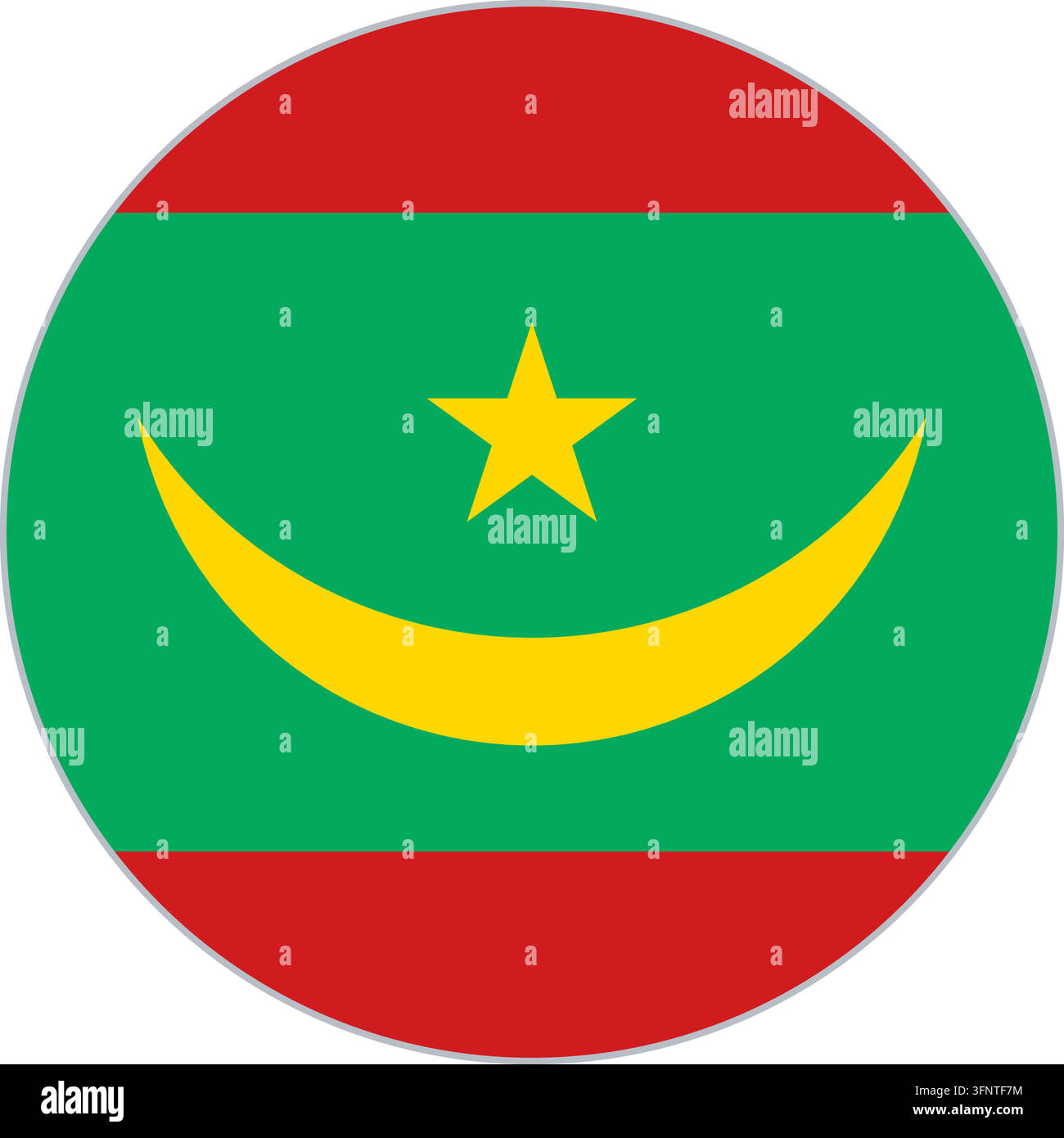 Rundes kreisförmiges Flaggen-Symbol von Mauretanien (Mauretanien) in offiziellen Farben, flacher Vektor-Button, isoliert auf weißem Hintergrund. Stock Vektor