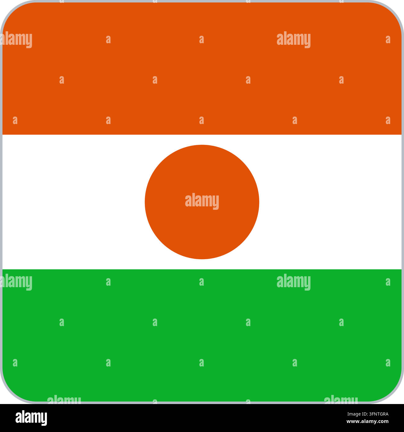 Abgerundetes quadratisches Flaggen-Icon von Niger (Niger) in offiziellen Farben, flacher Vektor-App-Stil-Button, isoliert auf weißem Hintergrund. Stock Vektor