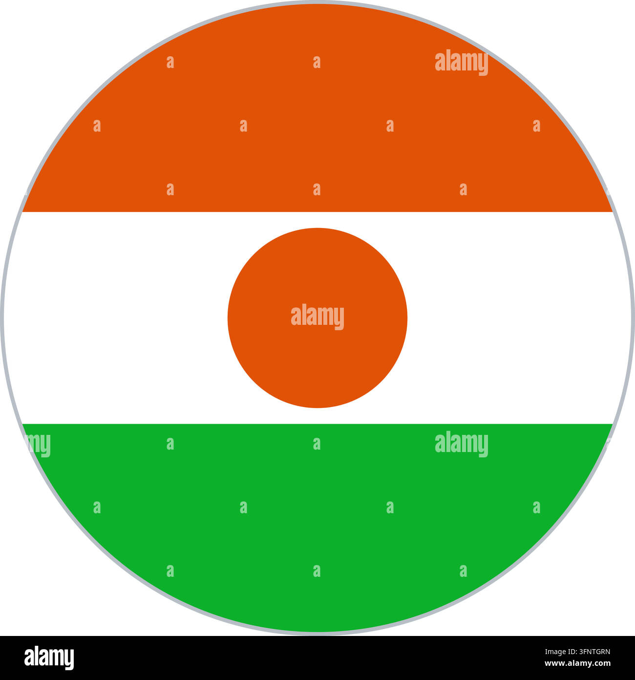 Runde kreisförmige Flaggenikone von Niger (Niger) in offiziellen Farben, flacher Vektor-Button, isoliert auf weißem Hintergrund. Stock Vektor