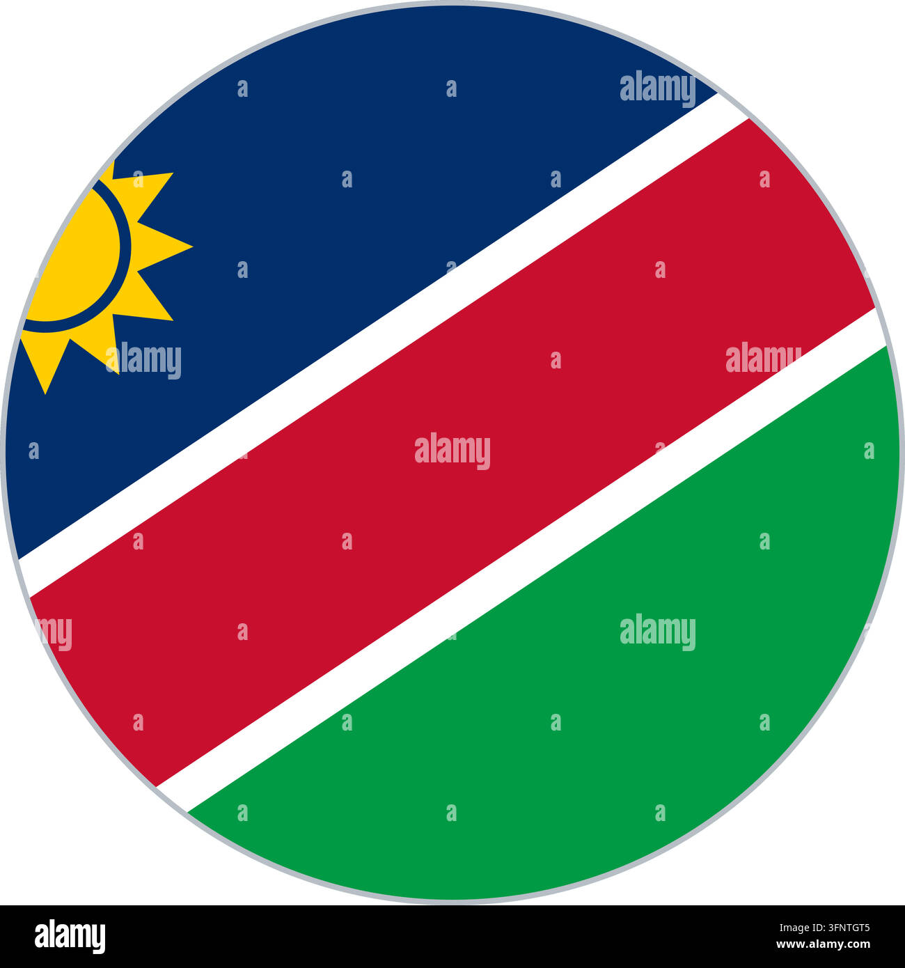Rundes kreisförmiges Flaggen-Icon von Namibia (Namibia) in den offiziellen Farben, flacher Vektor-Button, isoliert auf weißem Hintergrund. Stock Vektor