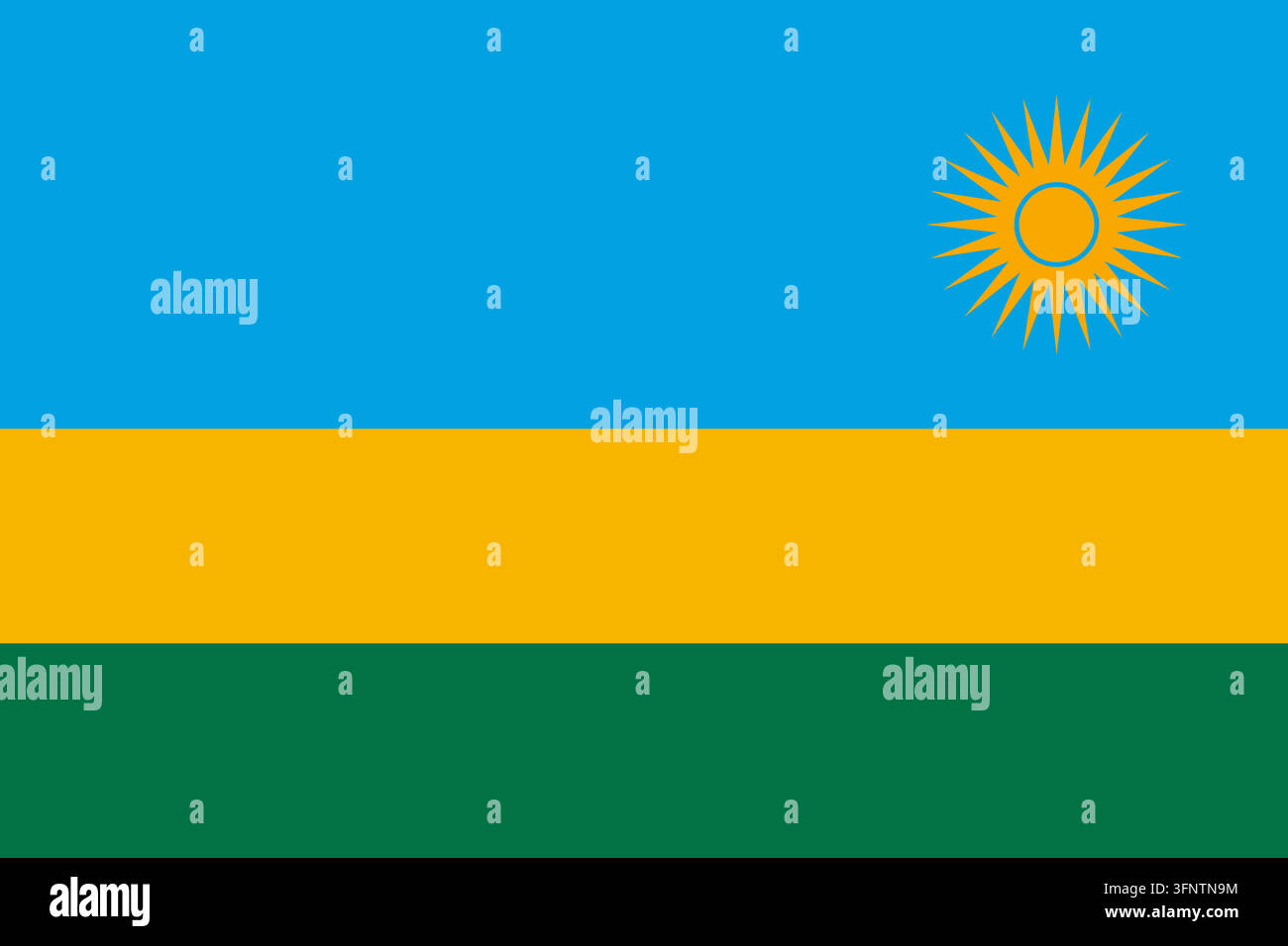 Nationalflagge von Ruanda, offizielle Farben und Proportionen. Vektorillustration der Flagge, isoliert auf weißem Hintergrund. Stock Vektor