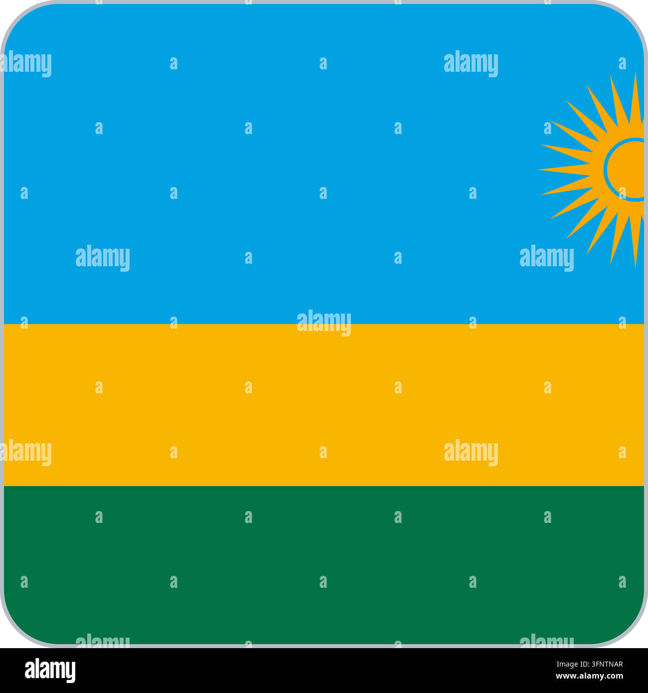 Abgerundetes quadratisches Flaggen-Symbol von Ruanda (Ruanda) in den offiziellen Farben, flacher Vektor-App-Button, isoliert auf weißem Hintergrund. Stock Vektor