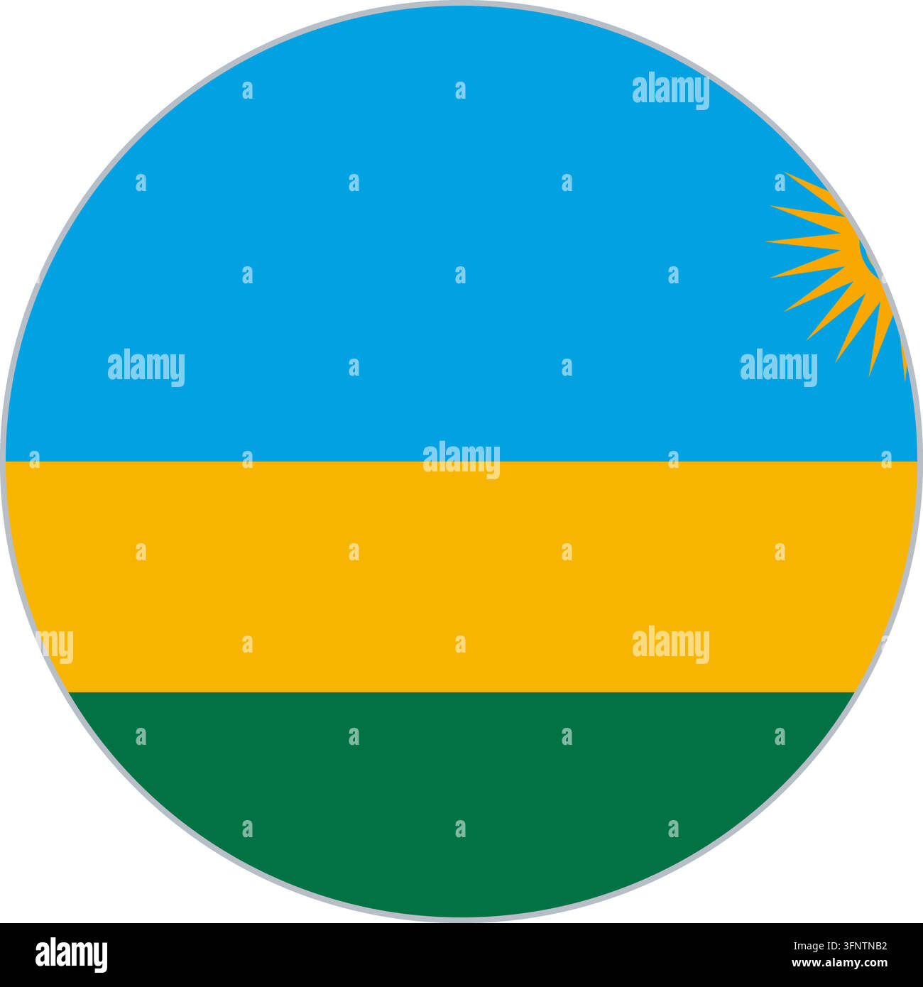 Runde kreisförmige Flaggenikone von Ruanda (Ruanda) in offiziellen Farben, flacher Vektor-Button, isoliert auf weißem Hintergrund. Stock Vektor
