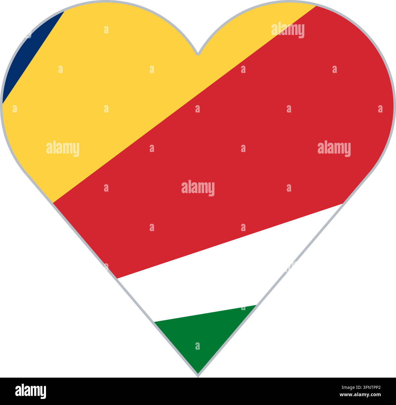 Herzform in der Nationalflagge der Seychellen (Seychellen), offizielle Farben. Vektorillustration für patriotische Liebe, Reise- und Urlaubsdesigns, iso Stock Vektor