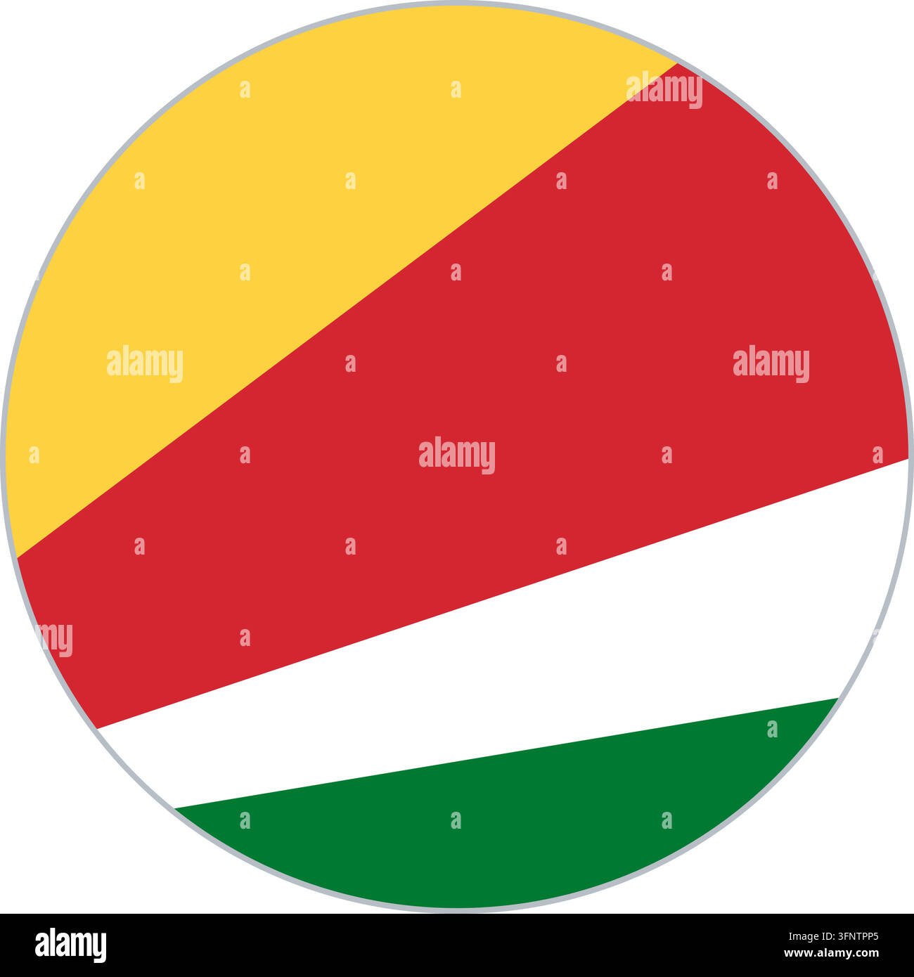 Rundes kreisförmiges Flaggen-Icon der Seychellen (Seychellen) in offiziellen Farben, flacher Vektor-Button, isoliert auf weißem Hintergrund. Stock Vektor