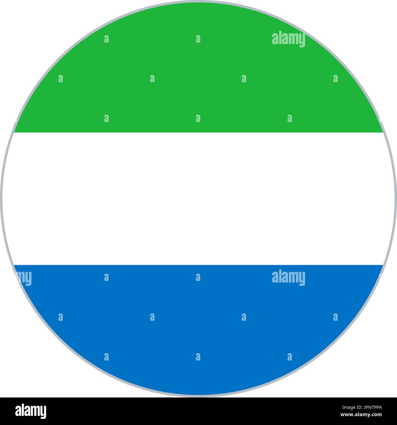 Rundes kreisförmiges Flaggen-Symbol von Sierra Leone (Sierra Leone) in offiziellen Farben, flacher Vektor-Button, isoliert auf weißem Hintergrund. Stock Vektor
