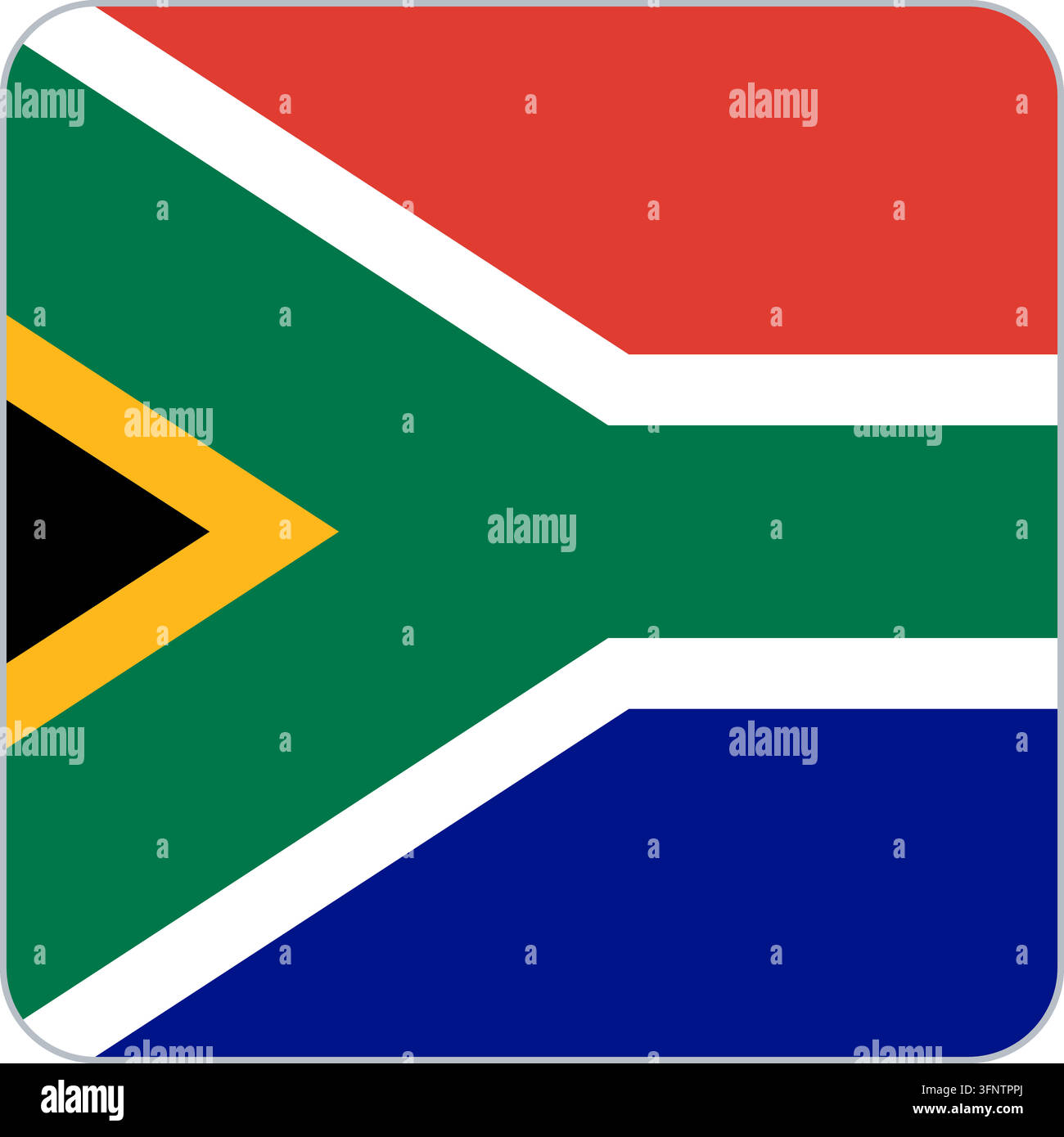Abgerundetes quadratisches Flaggensymbol von Südafrika (Südafrika) in offiziellen Farben, flacher Vektor-App-Button, isoliert auf weißem Hintergrund. Stock Vektor