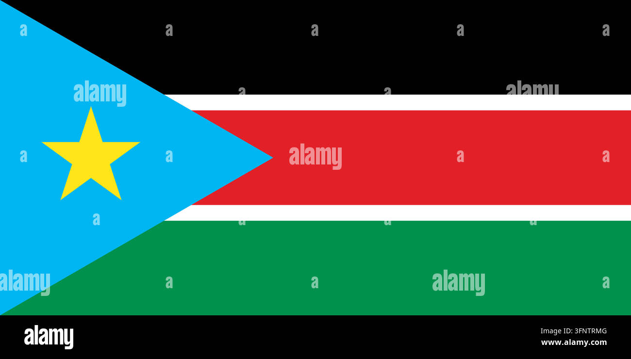Nationalflagge von Südsudan, offizielle Farben und Proportionen. Vektorillustration der Flagge, isoliert auf weißem Hintergrund. Stock Vektor