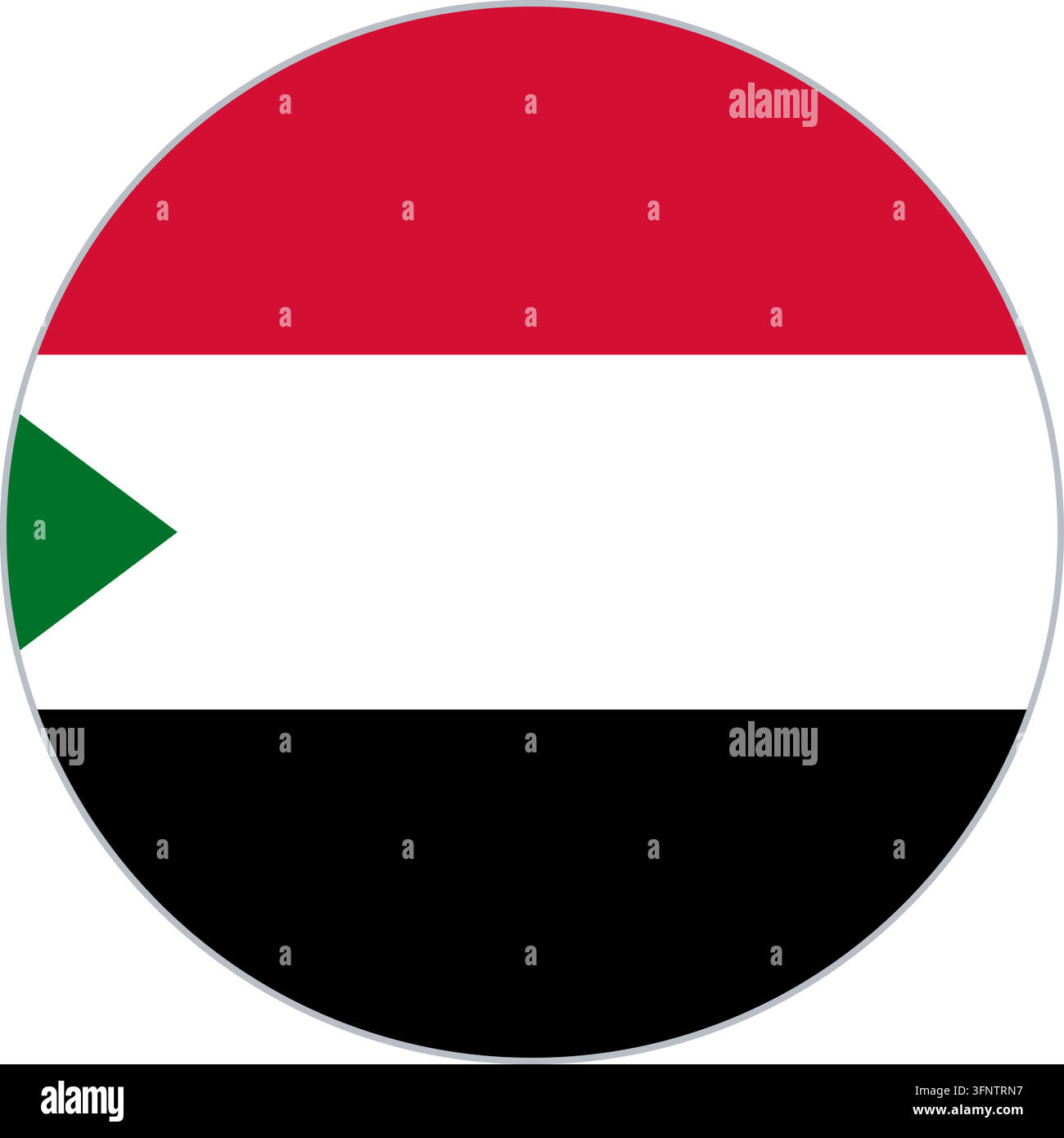 Rundes kreisförmiges Flaggen-Symbol von Sudan (Sudan) in offiziellen Farben, flacher Vektor-Button, isoliert auf weißem Hintergrund. Stock Vektor