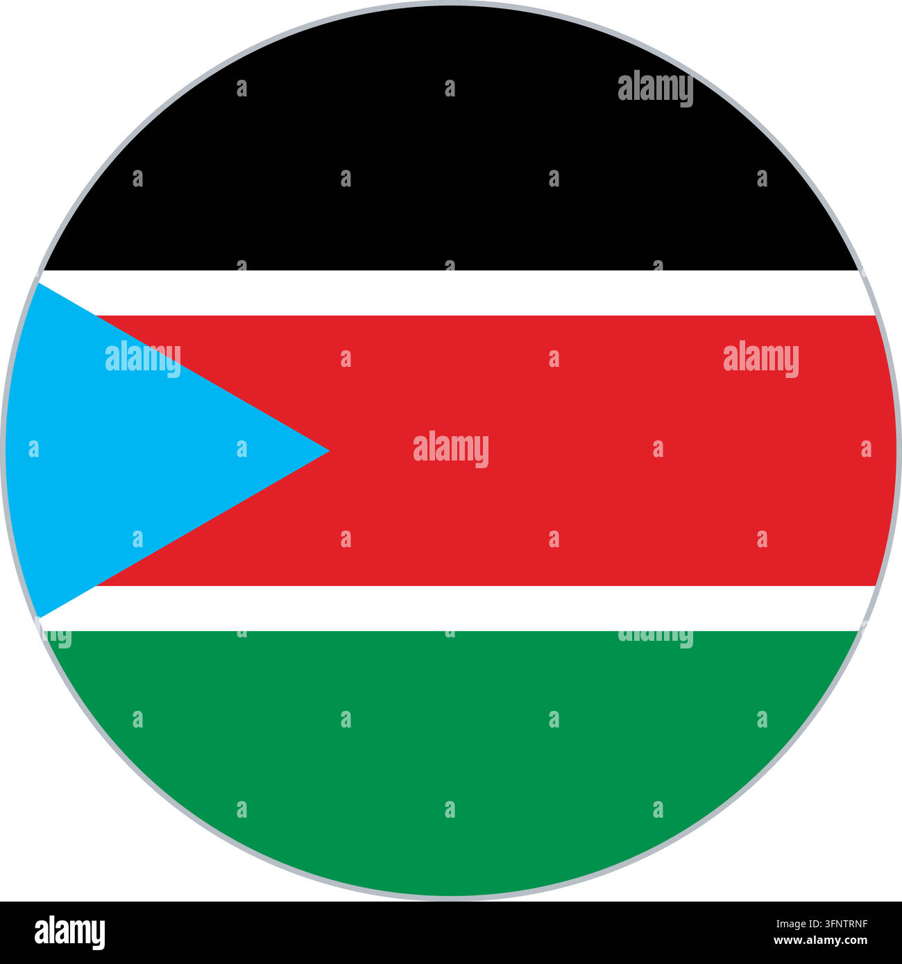 Rundes kreisförmiges Flaggen-Icon von Südsudan (Südsudan) in offiziellen Farben, flacher Vektor-Button, isoliert auf weißem Hintergrund. Stock Vektor