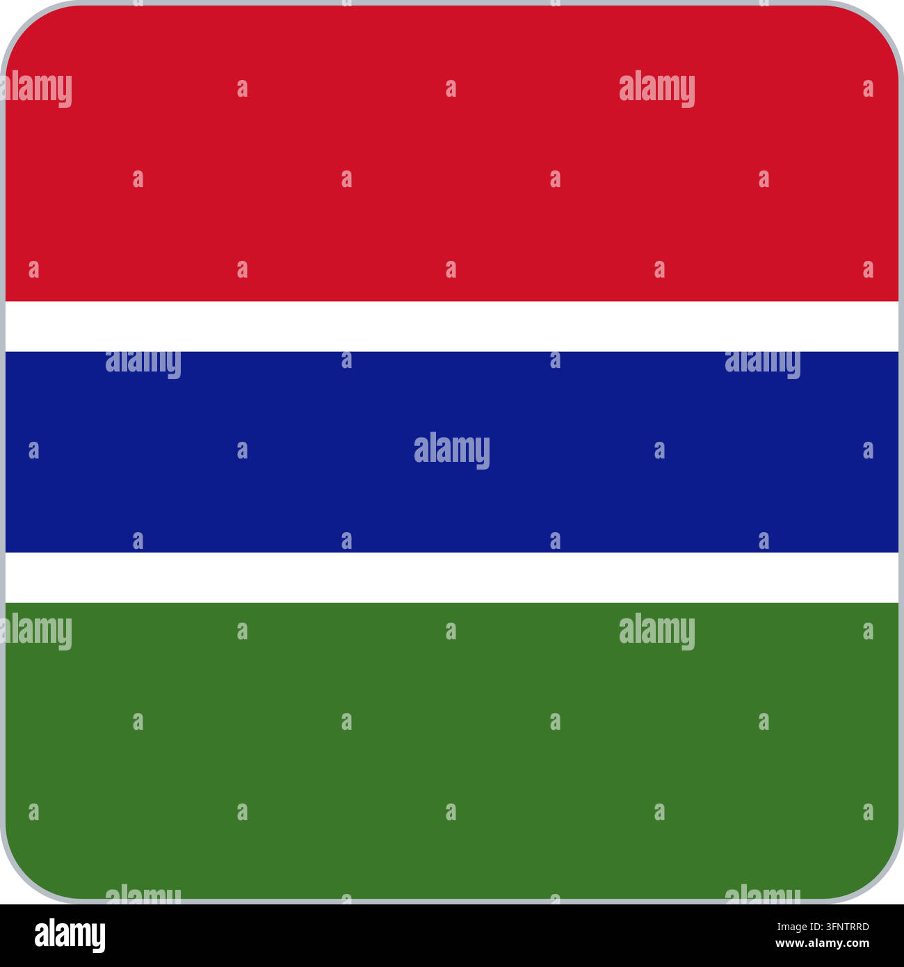 Abgerundetes quadratisches Flaggensymbol von Gambia (Gambia) in den offiziellen Farben, flacher Vektor-Button im App-Stil, isoliert auf weißem Hintergrund. Stock Vektor