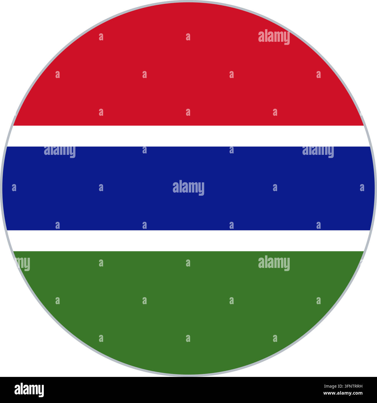 Runde kreisförmige Flaggenikone von Gambia (Gambia) in offiziellen Farben, flacher Vektor-Button, isoliert auf weißem Hintergrund. Stock Vektor