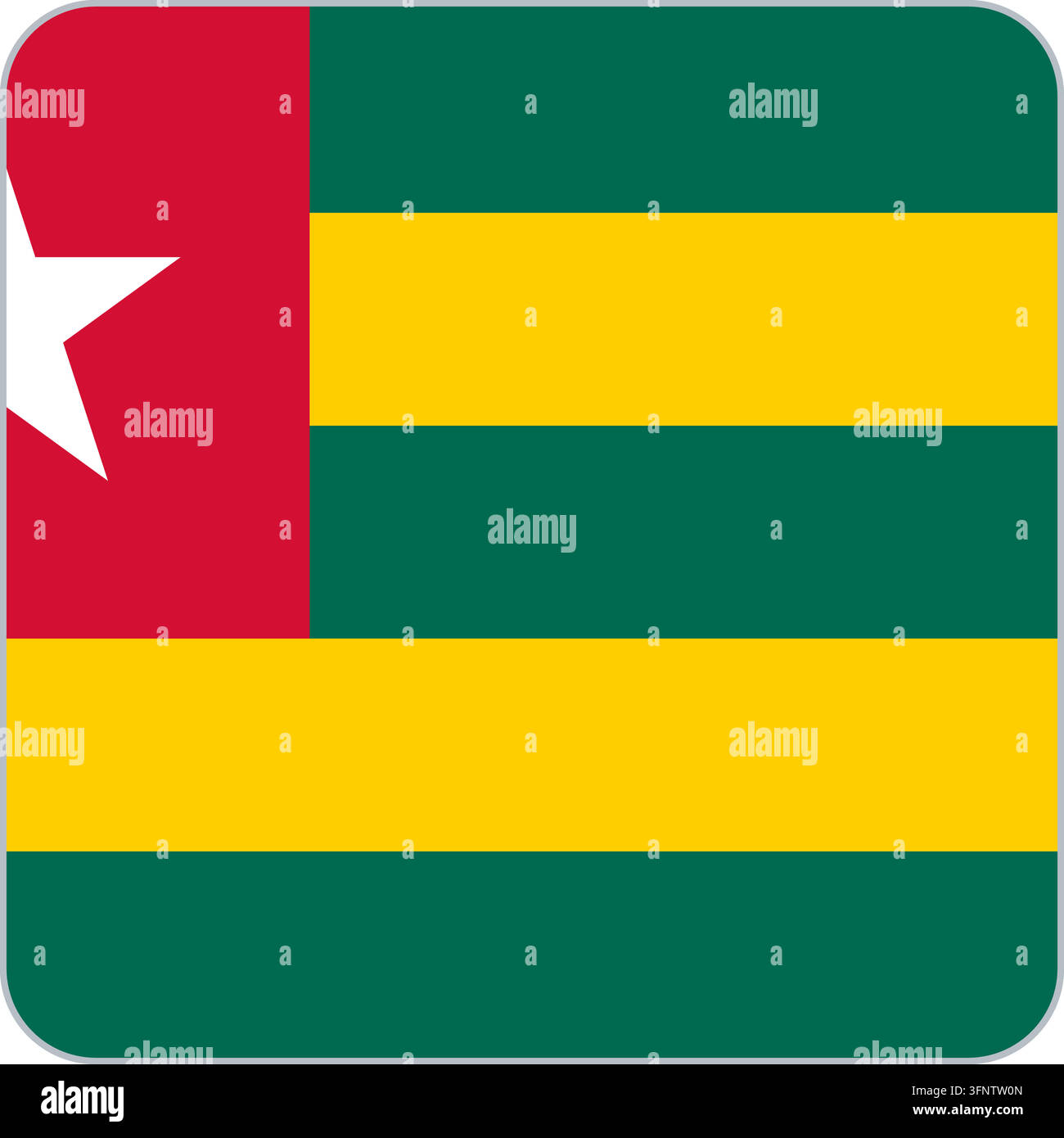 Abgerundetes quadratisches Flaggen-Symbol von Togo (Togo) in offiziellen Farben, flacher Vektor-App-Button, isoliert auf weißem Hintergrund. Stock Vektor