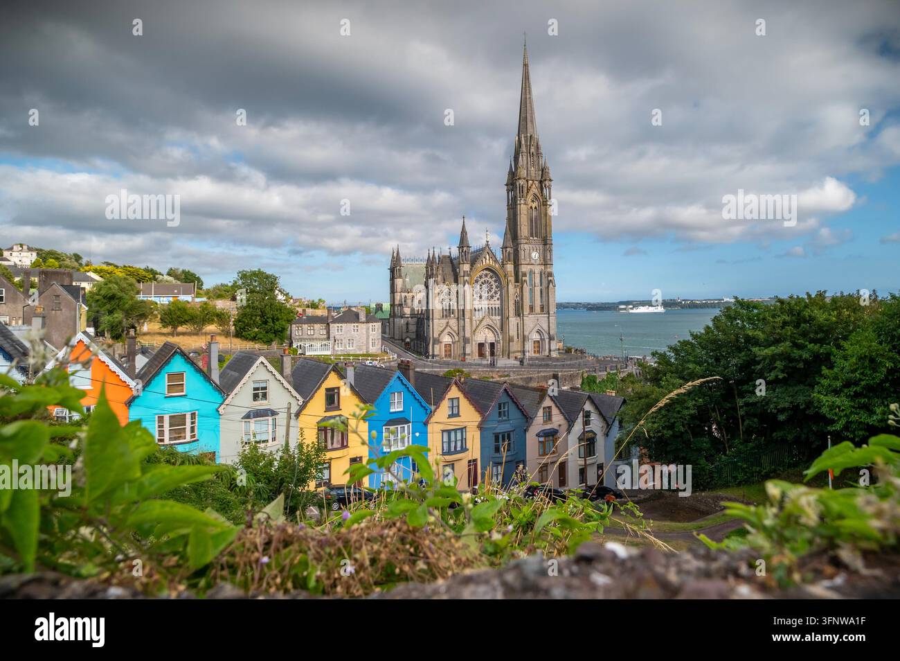 St. Colmans Kathedrale und farbenfrohe Häuser in Cobh, County Cork, Irland. Neogotische St. Colmans Kathedrale erhebt sich über einer Reihe von lebhaften, farbenfrohen viktorianischen Häusern auf einem steilen Hügel in der Hafenstadt Cobh. Stockfoto