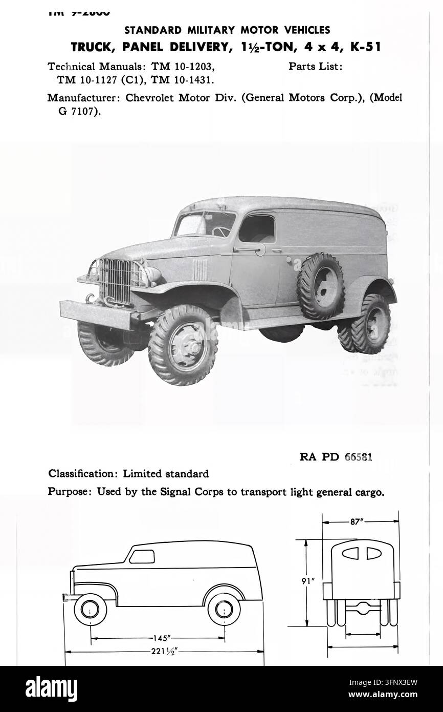 Historische technische Anleitung eines Chevrolet Motor Division (General Motors) K-51 Pritschenlieferwagens, Modell G 7107: ein 1½-Tonnen-, 4 x 4 begrenzt standardmäßiges Militärfahrzeug. TM 9-2800, Standard Military Motor Vehicles, 1943, identifiziert seinen Einsatz durch das U.S. Signal Corps für den Transport von leichter allgemeiner Fracht. Enthält Fahrzeugansichten und Maßzeichnungen. Stockfoto