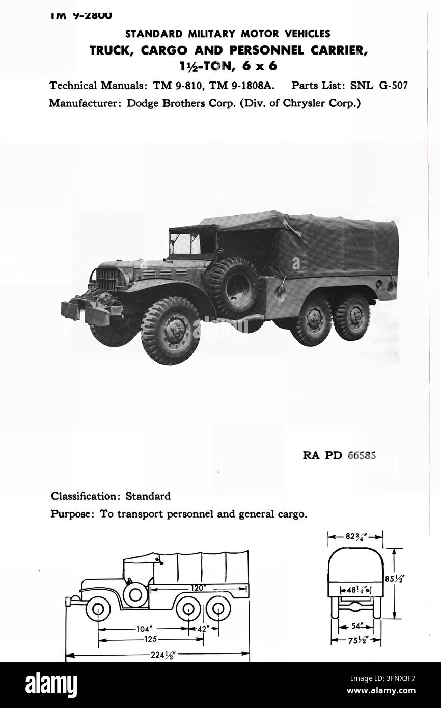 Historische technische Anleitung aus TM 9-2800, Standard-Militärkraftfahrzeuge, die einen Dodge Brothers Corp. 1½-Tonnen-6x6-LKW als Fracht- und Personentransporter identifiziert. Die Veröffentlichung von 1943 wurde vom United States War Department und Army Ordnance Department herausgegeben. Das Fahrzeug transportierte Personal und allgemeine Fracht. Stockfoto