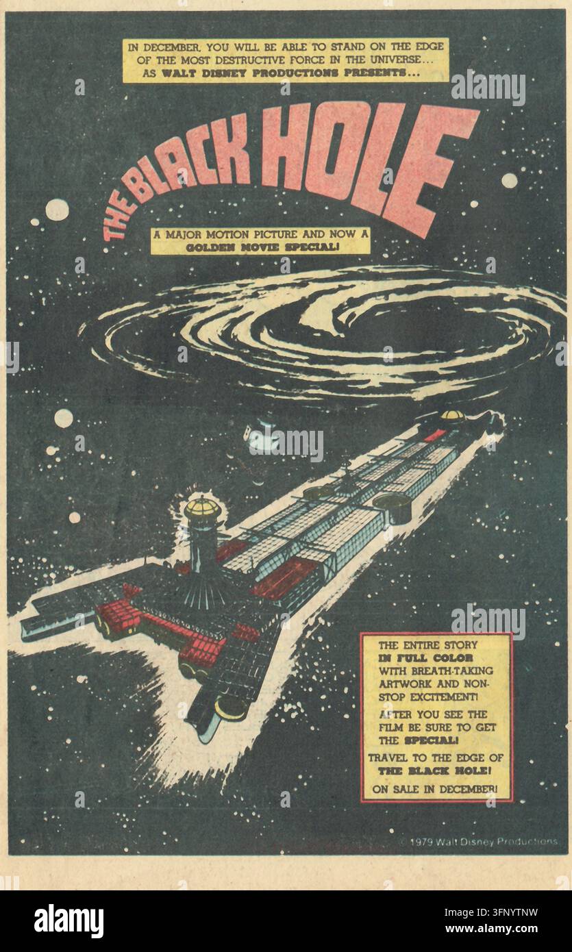 1979 Walt Disney Productions The Black Hole Filmwerbung Comicbuchseite Scan mit USS Cygnus Raumschiff Weltraumkunst und Filmtiteltext Stockfoto
