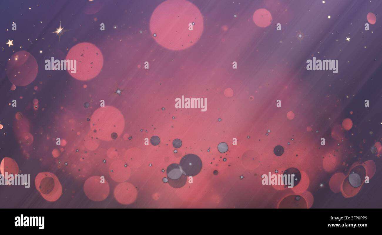 Lebendige kosmisch-thematische abstrakte Komposition mit leuchtenden Blasen und sternklaren Strahlen, Stockfoto