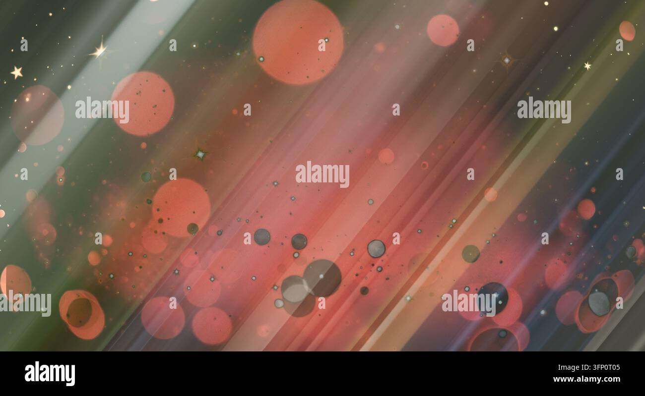 Lebendige kosmisch inspirierte abstrakte Komposition mit leuchtenden Blasen und Lichtspuren, Stockfoto