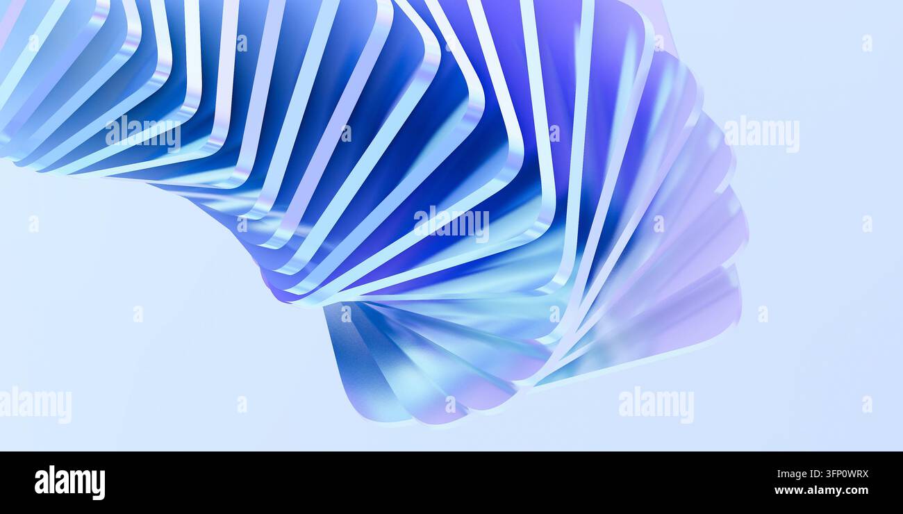 Abstrakte 3D-Darstellung eines Hintergrunds mit sich wiederholenden gebogenen geometrischen Formen in blauen und violetten Abstufungen. Stockfoto