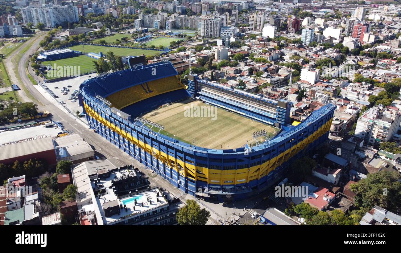 Luftaufnahme des Stadions La Bombonera mit seinen ikonischen blauen und gelben Tribünen und dem grünen Spielfeld, umgeben vom dichten Stadtviertel von Buenos Aires Stockfoto
