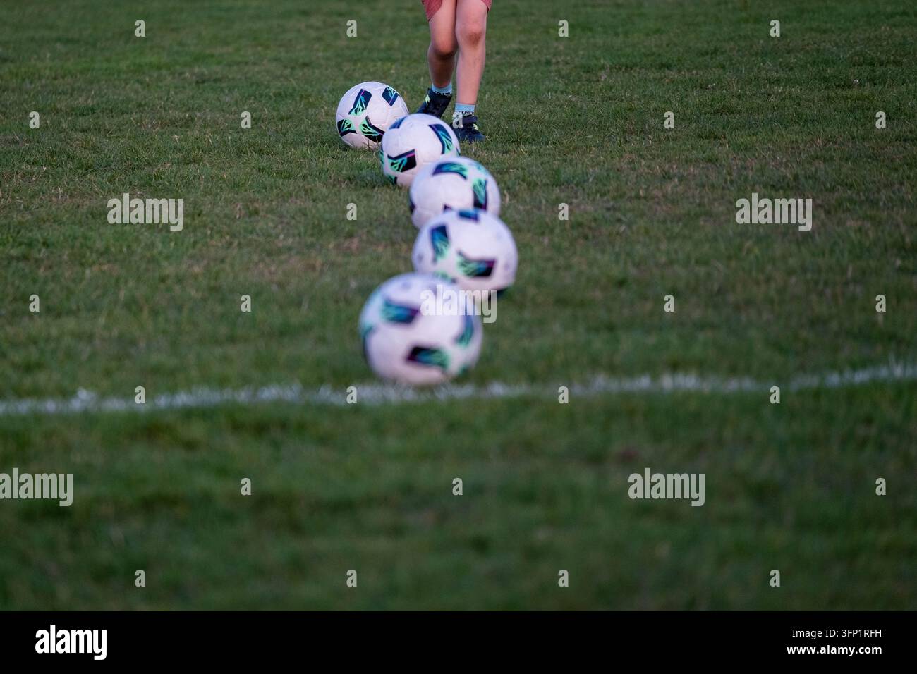 Fußballtraining mit mehreren Fußbällen, die in einer Reihe auf einem Rasenfeld angeordnet sind, um Ballkontrolle, Fußballübung und Spielerentwicklung zu veranschaulichen Stockfoto