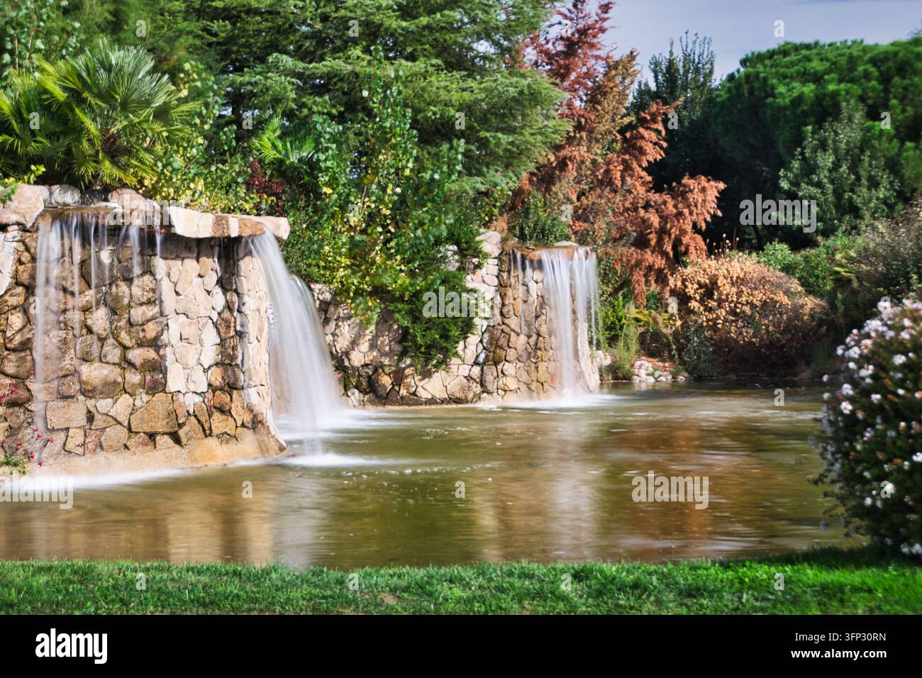 Leere Picknicktische stehen unter Kiefern in einem schattigen öffentlichen Erholungsgebiet in der Nähe des Magical Path in Arroyomolinos, Madrid, Spanien. Stockfoto