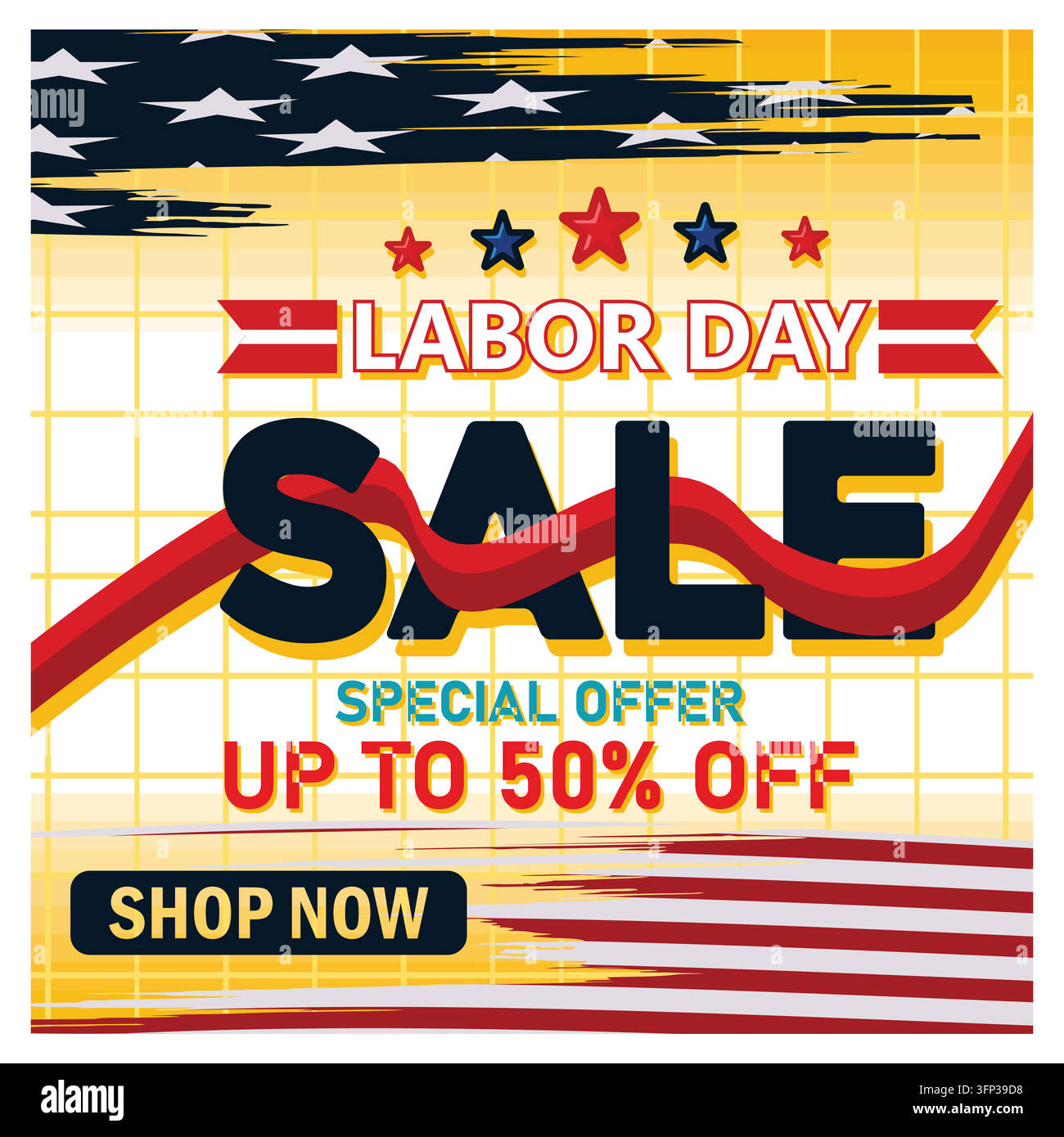 Labor-Day-Sale-Grafik mit einem patriotischen Design inklusive Sternen und Streifen, die Rabatte von bis zu fünfzig Prozent bietet. Stilvoll gestaltet mit Pro Stock Vektor