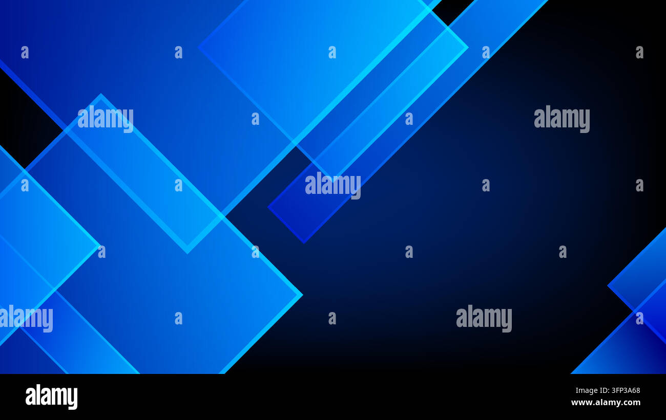 Abstrakter moderner blauer geometrischer Hintergrund mit durchscheinenden, sich überlappenden Quadraten und Rechtecken über einem dunklen Farbverlaufshintergrund für Technologie und Futuristi Stock Vektor