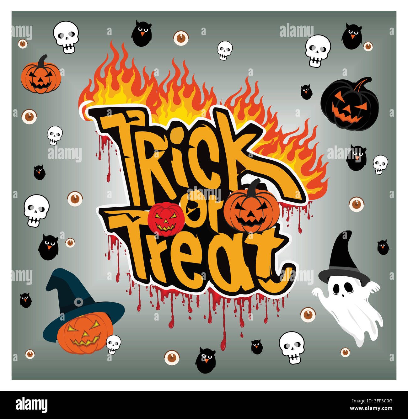 Die Halloween-Feier zeigt Trick or Treat-Text, umgeben von Jack-o'-Laternen, Eulen, Geistern, Lichtdesigns und gruseligen Details, um die f Stock Vektor