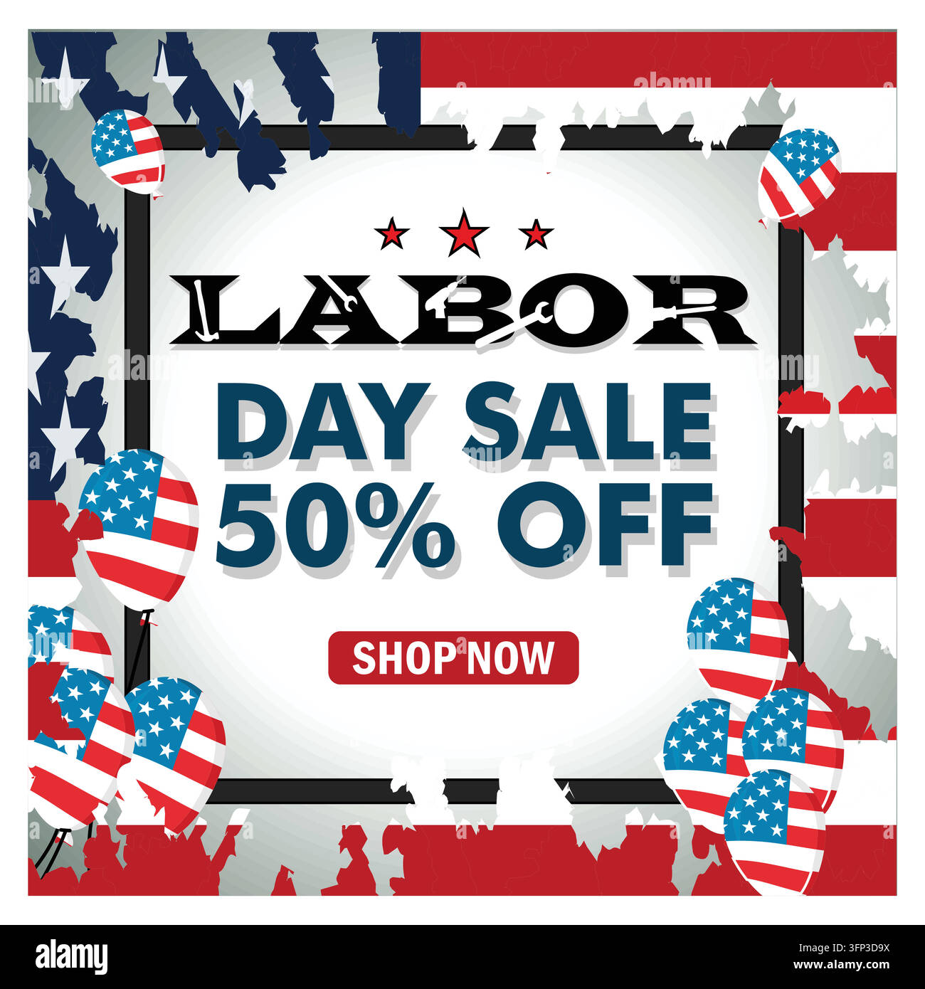 Labor-Day-Sale-Banner mit Sternen, Streifen und dem Muster der US-Flagge mit Ballons, das ein Rabattangebot von fünfzig Prozent bewirbt. Flacher Vektor Stock Vektor