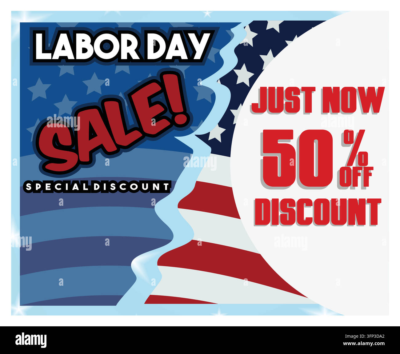Feiern Sie den Labor Day mit exklusiven Rabatten. Ein lebendig patriotisches Design hebt besondere Angebote hervor und präsentiert einen Rabatt von fünfzig Prozent. Flaches Vekt Stock Vektor