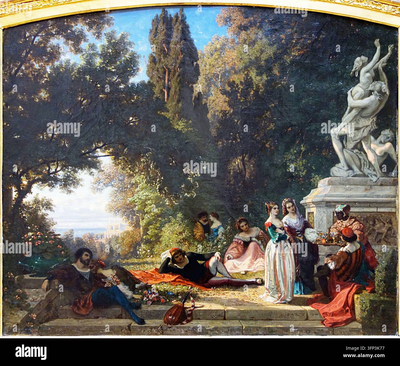 Henri Charles Antoine Baron, Soirée d'été en Italie (Sommerabend in Italien), 19. Jahrhundert. Eine romantische italienische Szene, die Figuren zeigt, die einen warmen Sommerabend genießen, mit eleganten Kostümen, mediterraner Atmosphäre und sanftem Abendlicht. Typisch für Barons akademisches und Genremalerei. Stockfoto