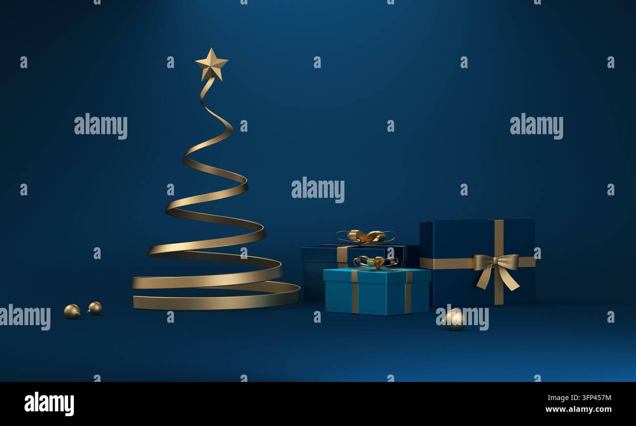 Golden Band formt einen minimalistischen Weihnachtsbaum mit einem Stern, steht neben blauen und türkisfarbenen Geschenkschachteln Stockfoto