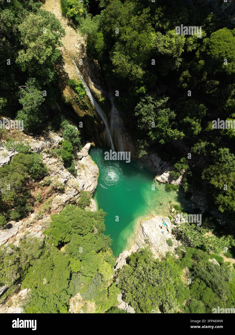 Vertikale Luftaufnahme von oben, die ein lebendiges grünes Flussbecken zeigt, umgeben von dichten Wald Bäumen und Felsen in Griechenland. Stockfoto