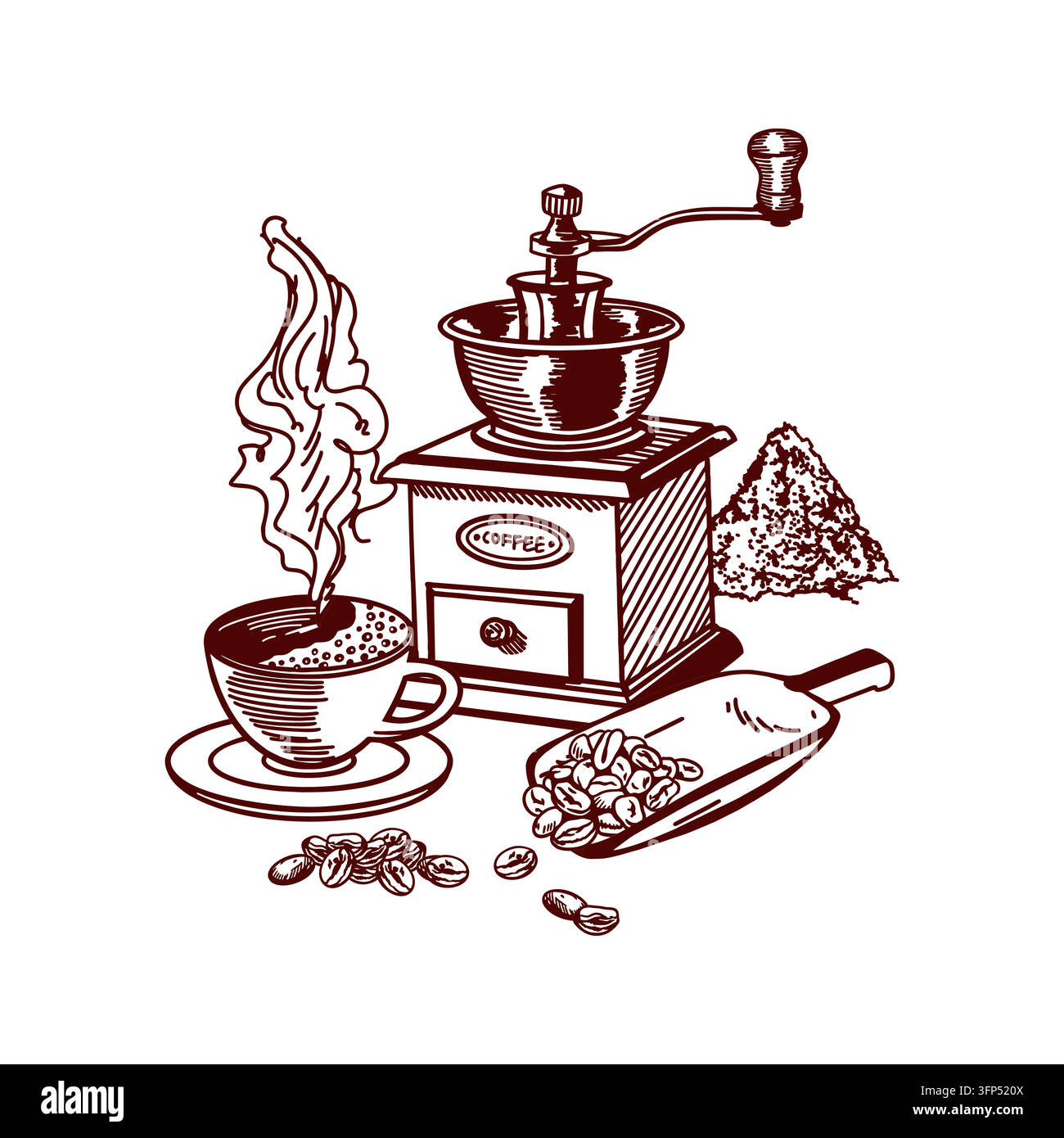 Kaffeemühle, dampfende Tasse Kaffee, Schöpflöffel und geröstete Bohnen. Handgezeichnete Vektorillustration im Linienstil mit detaillierter Schattierung. Geeignet für Stock Vektor