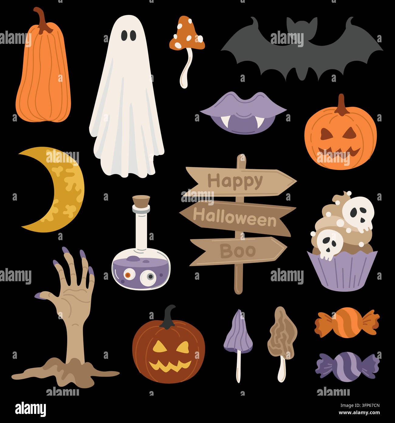 Halloween-Elemente, Jack-o-Lantern-Kürbis, Süßes, Geist, Vampirlippen, gruseliger Cupcake und Fledermaus für Feierverpackungen oder Party-Dekoration Stock Vektor