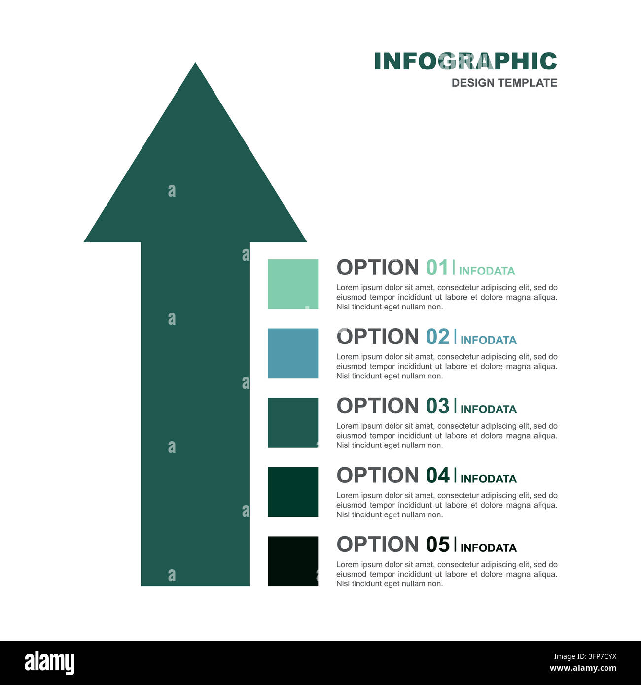 Infografik-Designvorlage mit einer Infografikvorlage mit einem dunkelgrünen Pfeil nach oben und fünf Textblöcken. Stock Vektor
